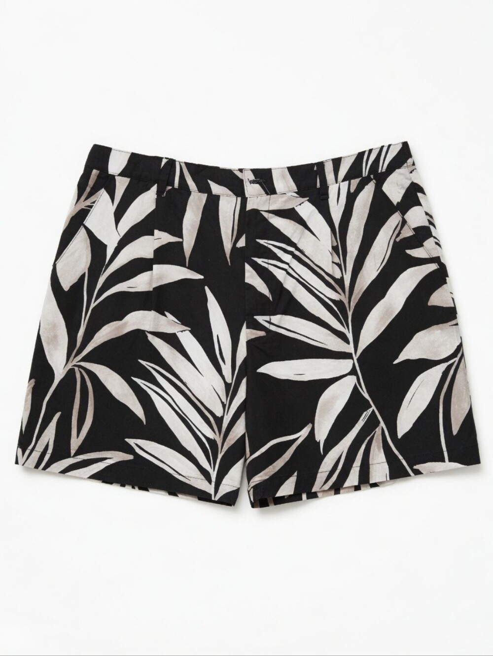 XL Printed Black & Cream Tropical-Leaf High Rise Shorts  60%Rayon 20%Linen Blend - Picture 2 of 10